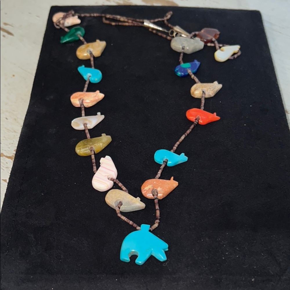 Zuni Old Pawn Turquoise Fetish Hand Carved Necklace Statement Heishi Beads Bear